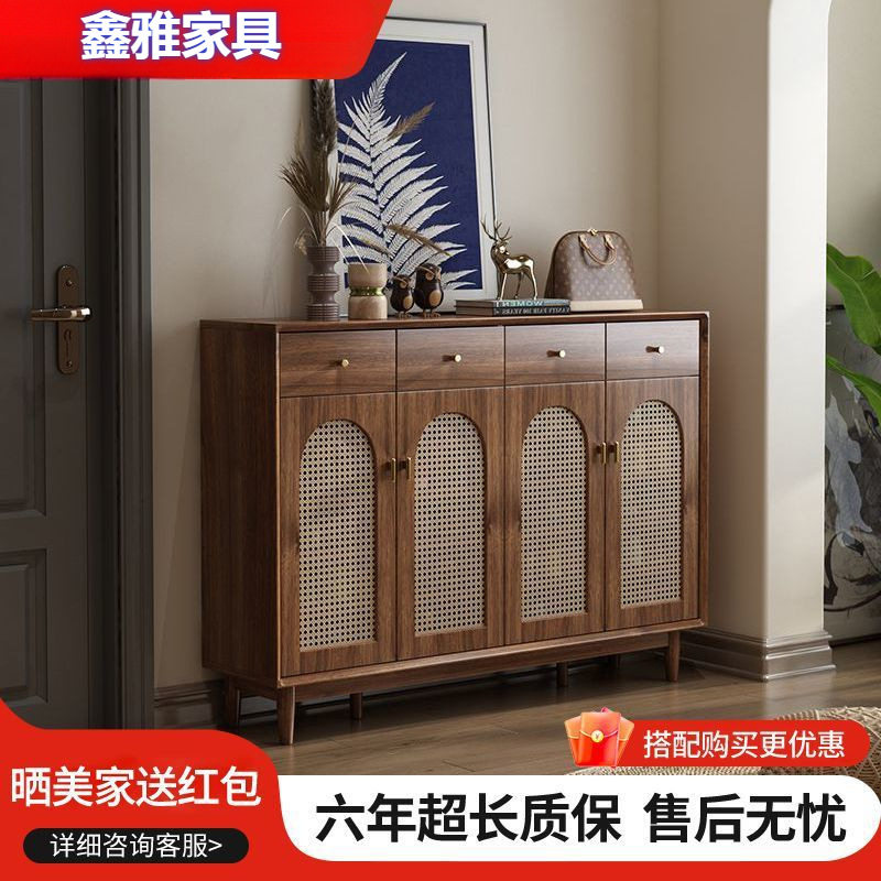复古藤编鞋柜实木框家用门口客厅简约入户玄关隔断柜大容量储物柜
