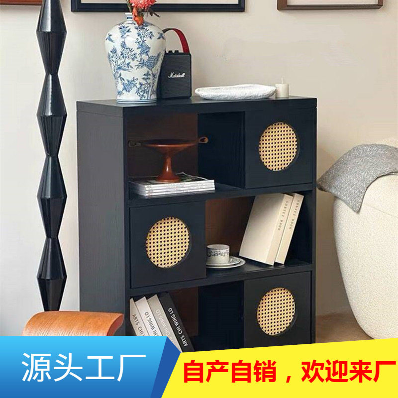 北欧实木书柜卧室组合书架轻奢现代客厅展示柜玄关柜黑色储物柜