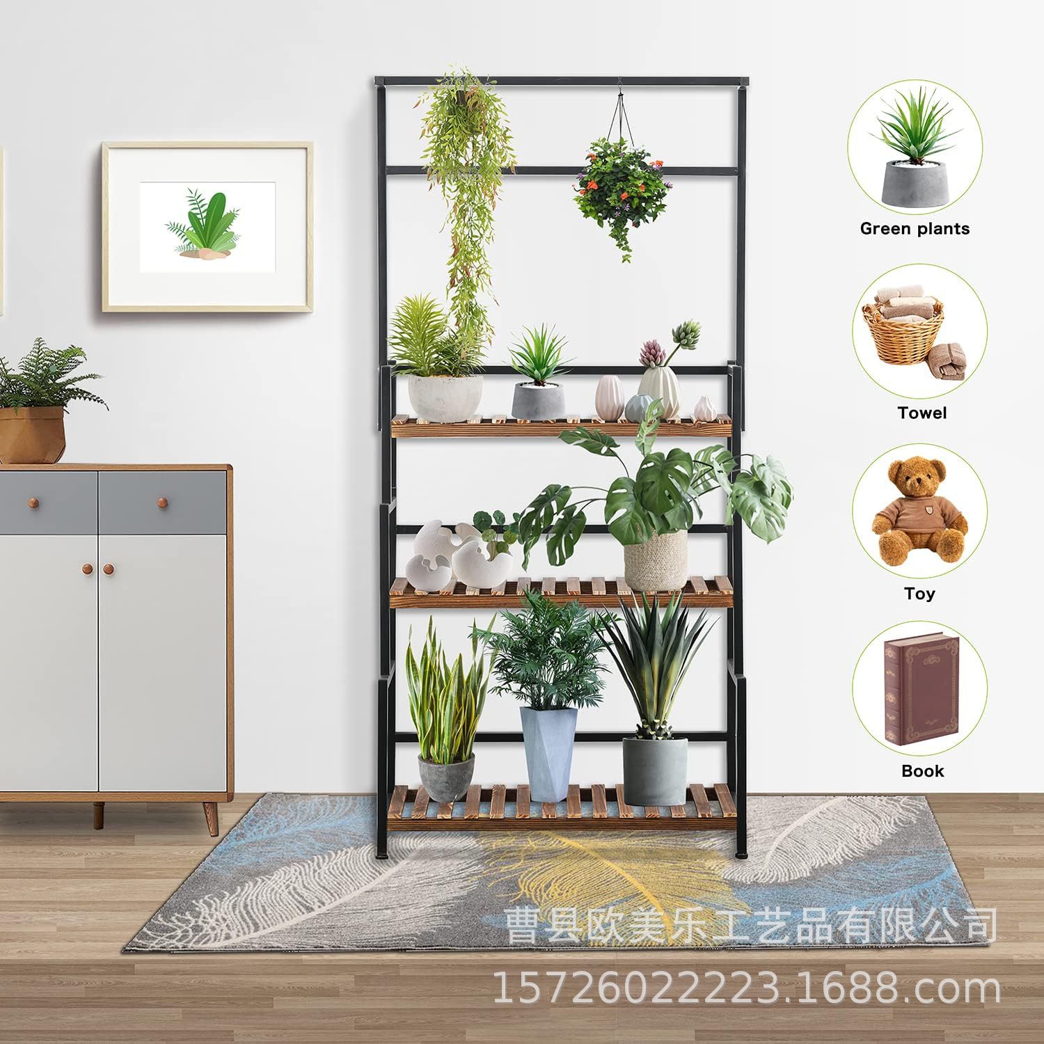 3层室内植物支架户外梯子木质植物架带金属框架露台花园置物架