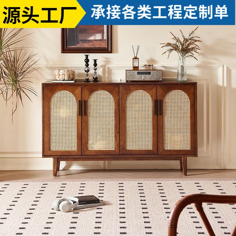 中古风实木藤编四门多功能餐边柜