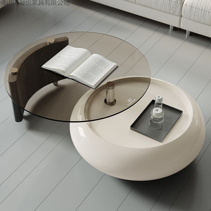 现代简约小户型旋转茶几客厅家用轻奢高级感2025新款钢化玻璃茶几