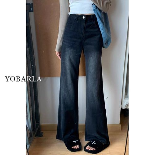 黑灰色阔腿牛仔裤女春秋高腰宽松胖mm大码显瘦梨形身材窄版直筒裤