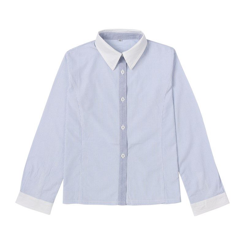 校服长袖白蓝条纹衬衫女童纯棉春秋小学生白领浅蓝衬衣表演服礼服