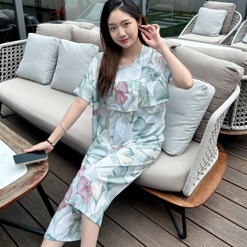 防凸点棉绸大码睡衣女款学生夏季薄款短袖七分裤套装防走光家居服