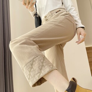 米白色休闲直筒牛仔裤女春秋季2024年新款高腰小个子九分烟管裤子
