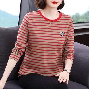 中老年妈妈圆领宽松洋气打底小衫 新款 T恤女2024春装 纯棉条纹长袖