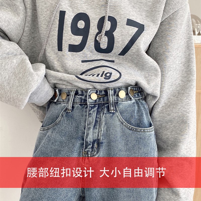 大码胖mm高腰百搭烟灰色牛仔裤女秋冬加绒加厚宽松直筒老爹阔腿裤