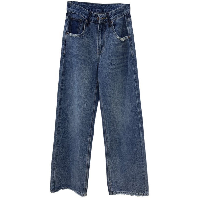 设计感撞色拼接高腰阔腿牛仔裤女2023春季新款时髦流苏毛边直筒裤