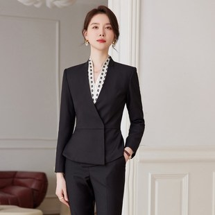 珠宝店酒店前台无领高端正装 工作服女职业气质春秋冬灰色西装 套装