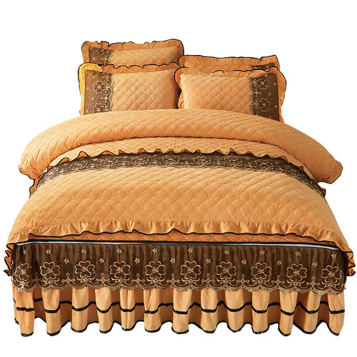 冬天加厚水晶绒四件套可拆卸床裙床罩被套法兰绒夹棉1.8m珊瑚绒