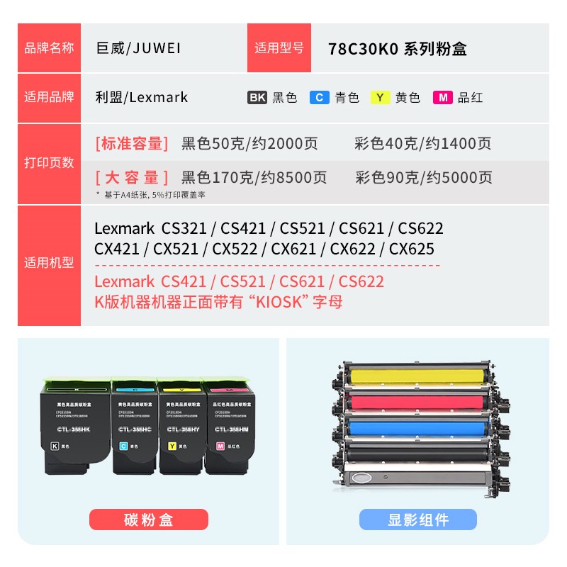适用利盟CS421dn粉盒CS321 CS521 CS621 CS622硒鼓CX421 CX521 CX