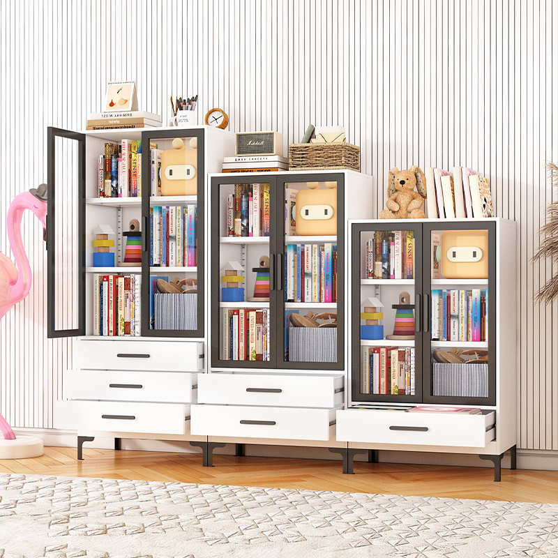 铁艺儿童书柜家用防尘p储物柜多功能玻璃门置物柜落地矮柜书架