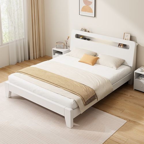 实木床1米8双人床架家用主u卧白色奶油风简约现代出租房1.52单人