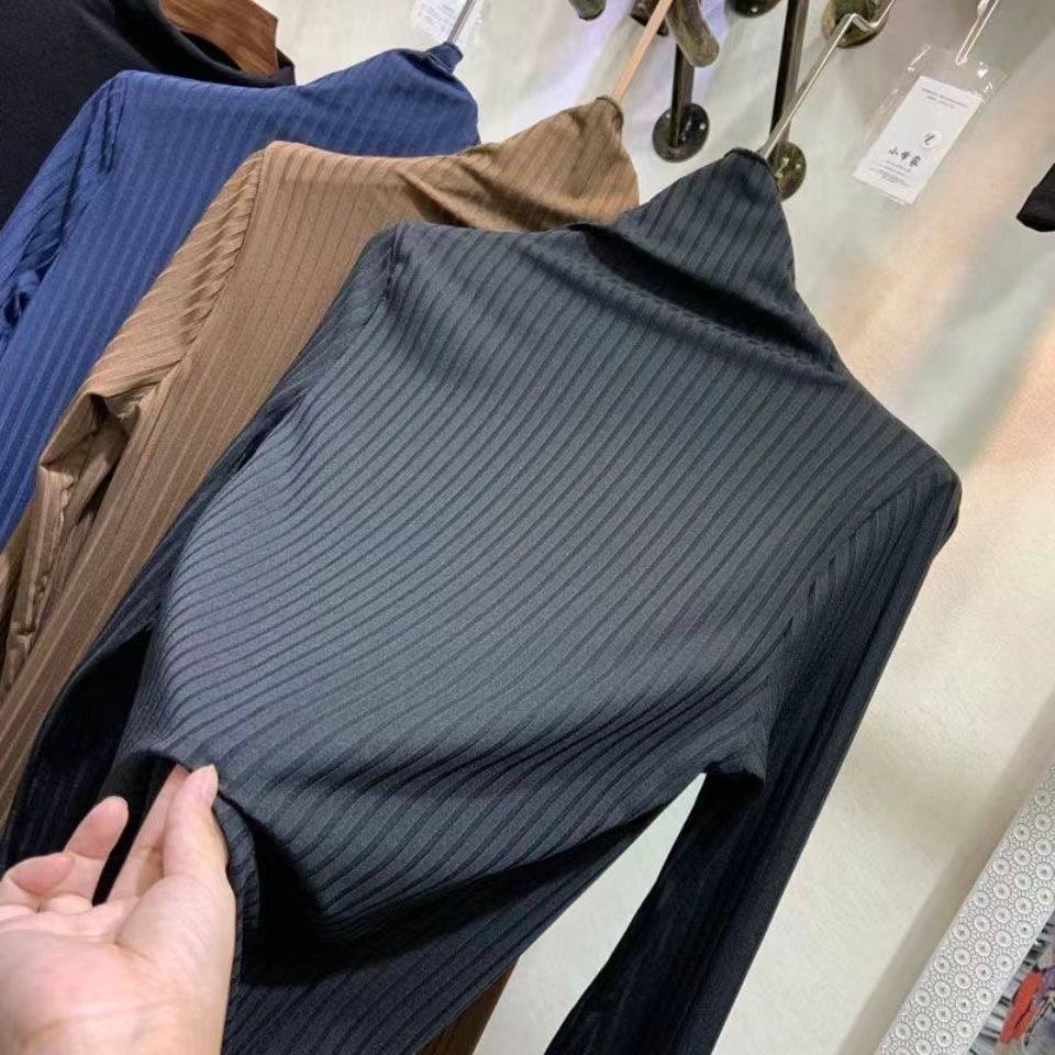 高领木耳边打底衫女春秋欧货新款韩版气质内搭长袖T恤条纹上衣潮