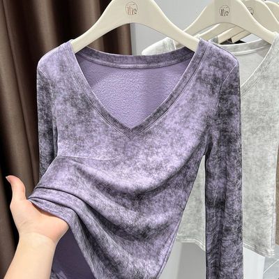 超好看水墨扎染V领打底衫女秋冬加绒保暖内搭修身t恤长袖紫色上衣