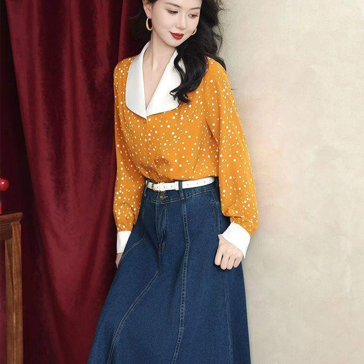霓虹漫漫~港风复古春秋季大翻领拼色波点通勤休闲宽松长袖女衬衫,女装/女士精品,衬衫,淘宝优惠券,粉丝福利购,淘宝优惠卷