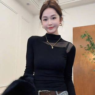 显瘦打底衫 2026年春季 T恤女独特修身 半高领拼接网纱长袖 上衣 新款