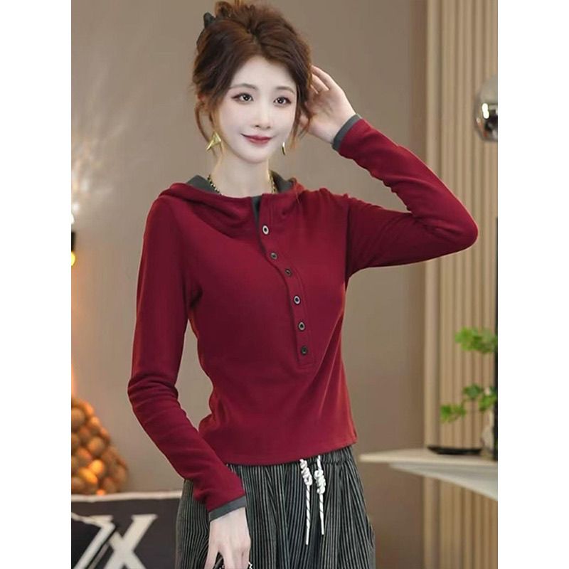 韩版连帽半开领上衣女秋冬季新款设计感双面德绒长袖外穿保暖小衫