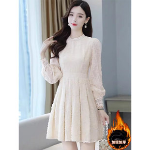 蕾丝连衣裙子女装春秋冬2025年新款加绒加厚打底小个子长袖中长裙