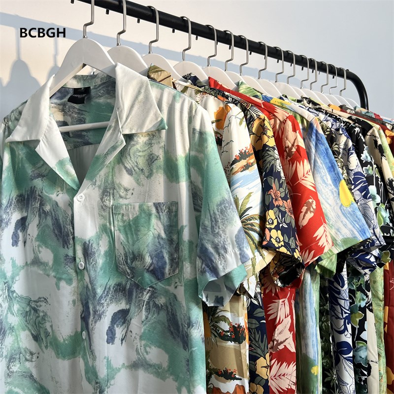 泰式古巴领碎花衬衫男女宽松复古夏威夷度假宽松情侣沙滩短袖衬衣