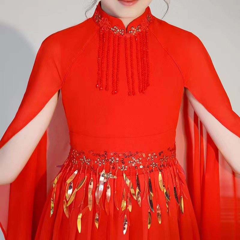 儿童汉服高端女童古筝演出服中国风主持人民乐演出奏艺考礼服红色