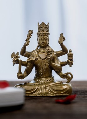 大随求菩萨摆件纯黄铜实心小随身佛像书镇纸精致书房茶空间装饰品