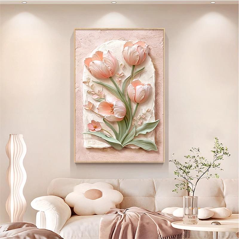 奶油风郁金香客厅装饰画花卉浮雕立体感沙发背景墙挂画玄关墙壁画图片