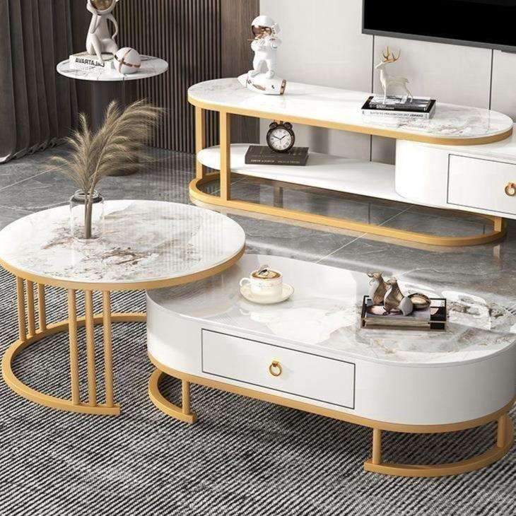 轻奢茶几电视柜组合亮光岩板小户型可伸缩简约带抽屉茶几家用客厅