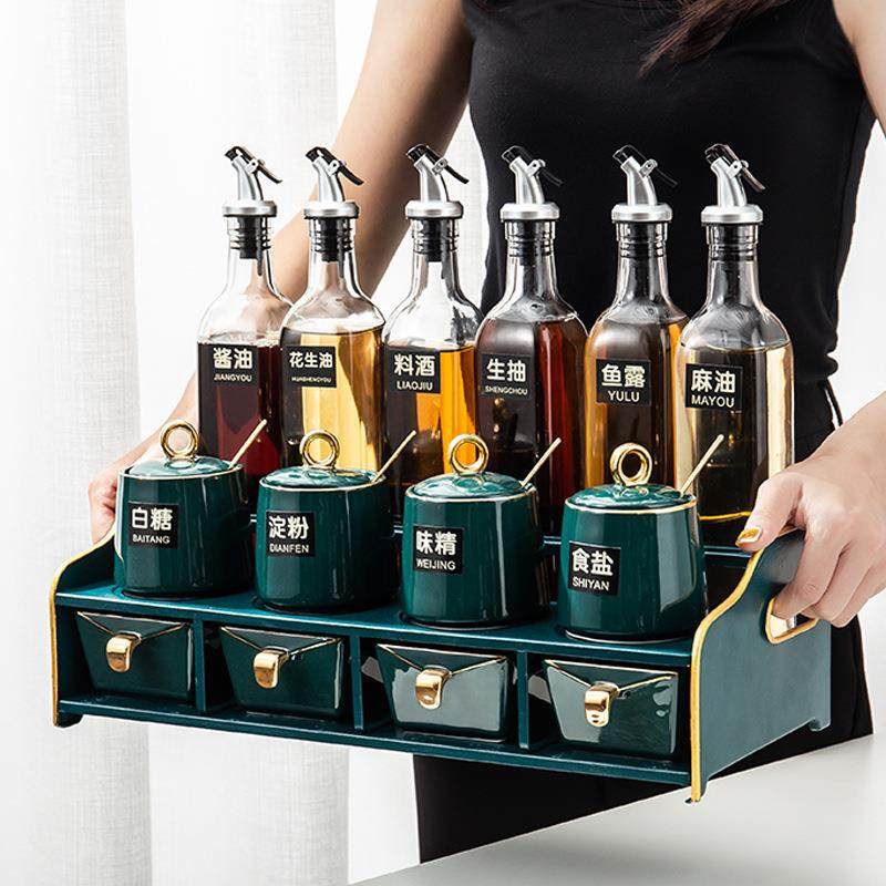 北欧轻奢调料盒套装家用调味料罐架油瓶壶盐罐玻璃厨房用品置物架