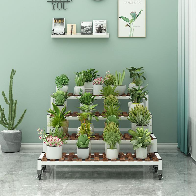 带轮可移动花架置物架阳台家用阶梯式铁艺实木多肉花盆架户外庭MC