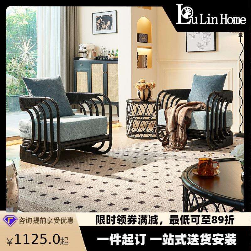 印尼植物藤藤艺编织藤椅三件套复古民宿卧室单人沙发椅茶几组合