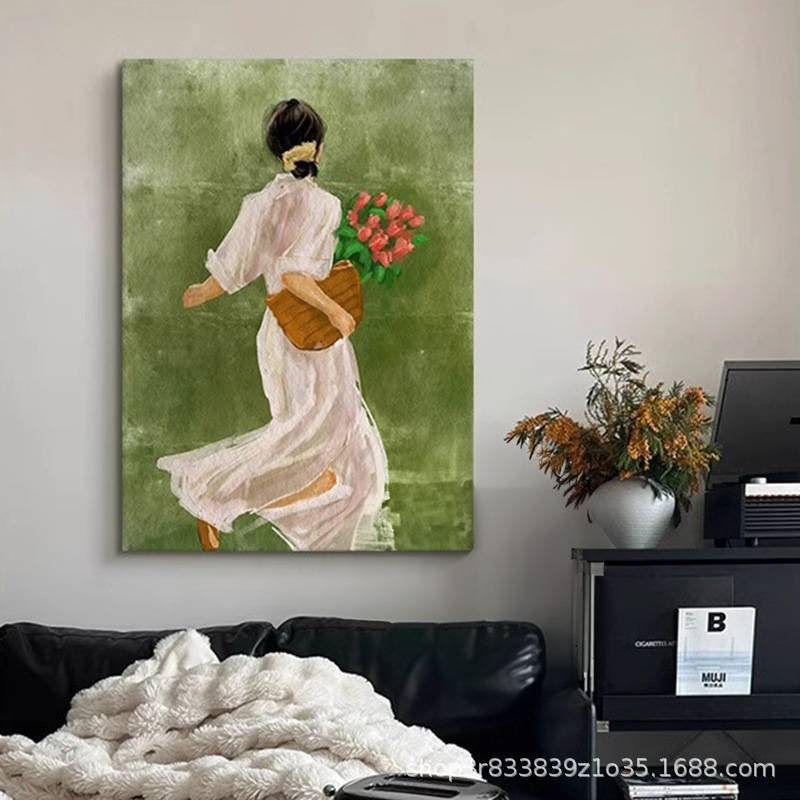 中古风美式2025客厅新款装饰画花季少女人物玄关过道挂画复古绿图片