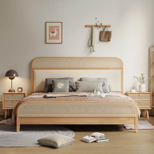 实木床现代简约1.8米藤床编木床床主卧复古双人主卧2米x2米大DOC