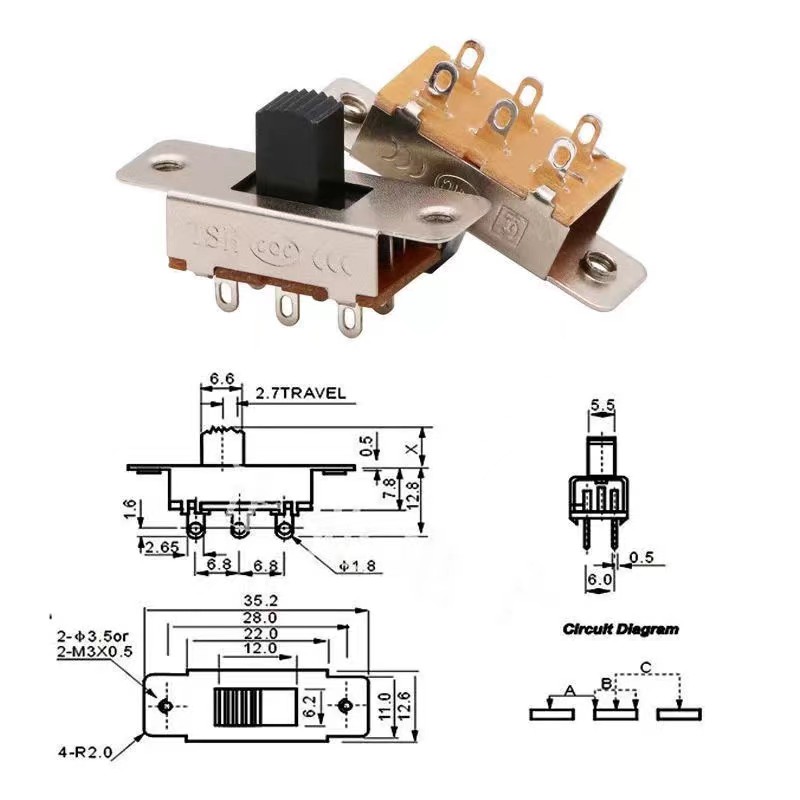 大电流3A6A拨动开关3档6脚吸尘器专用开关车载冰箱专用开关配件