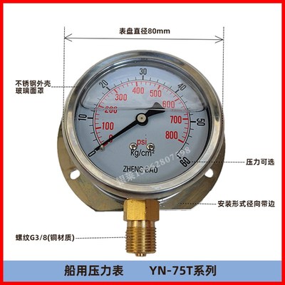 YN-75T船用压力表耐震径向带后边 充油真空负压力表pressuregauge