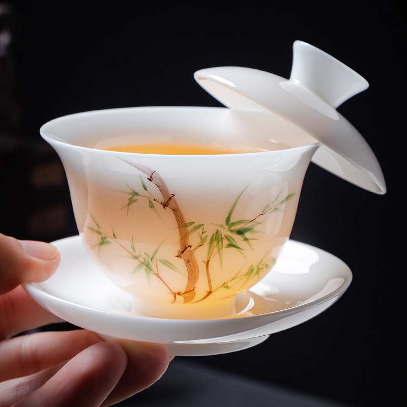 冰种玉瓷手绘白瓷青竹三才盖碗单个高档可悬停泡茶碗茶杯2025新款
