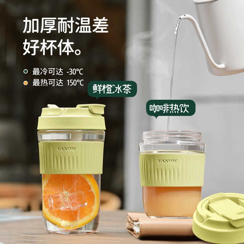 Vanow新款水杯玻璃杯女夏天高颜值便携咖啡杯ins风带吸管泡茶杯子图片