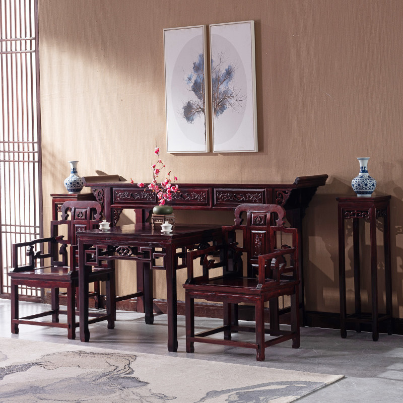 中式实木灵芝中堂六件套条案农村家用堂屋神台供奉佛台翘头桌条几