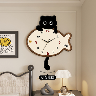 猫咪尾巴摇摆挂钟客厅新款 钟表静音简约家用现代时钟艺术大气挂表