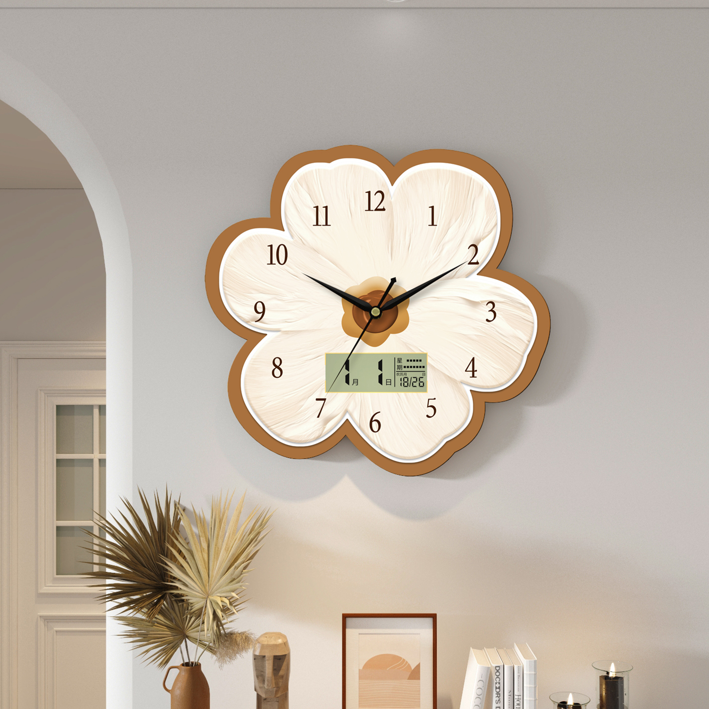 新款花朵挂钟静音免打孔摇摆时钟家用客厅挂墙创意万年历装饰钟表