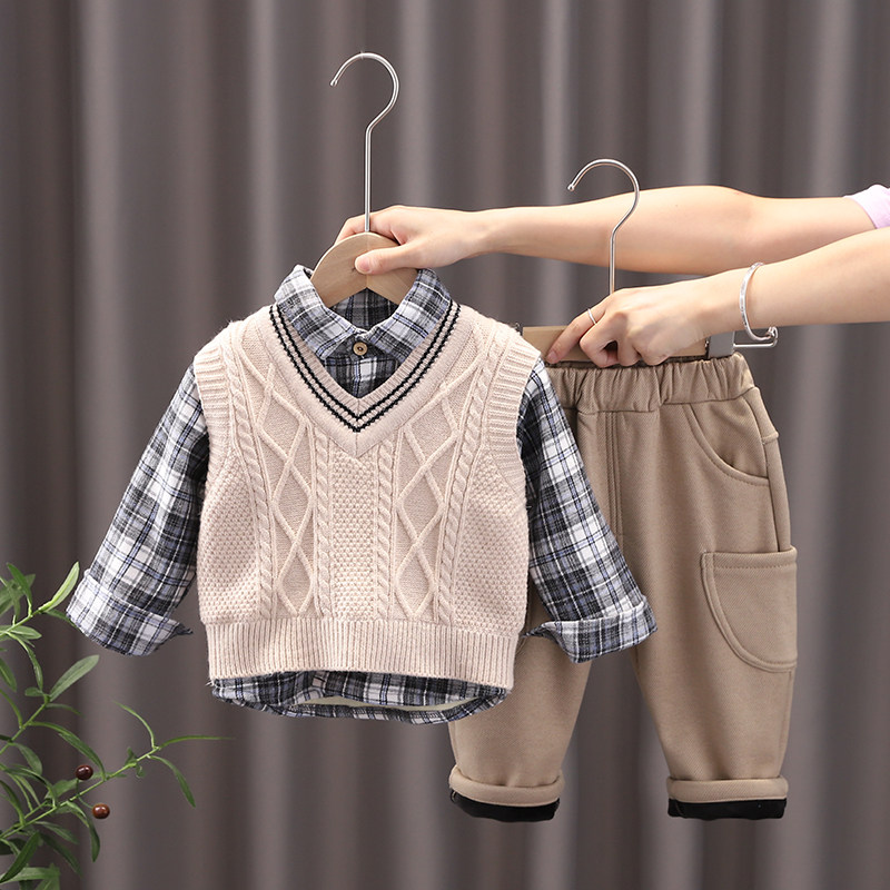 男童加绒加厚三件套宝宝冬装套装2023冬季婴幼儿外出服棉衣1-3岁4