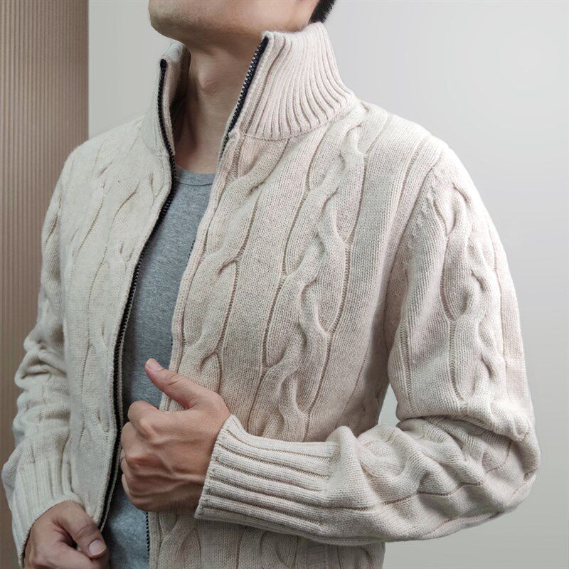 纯羊毛厚毛衣半高领美式秋冬男修身休闲暖外套粗针织麻花拉链开衫
