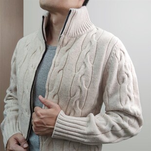 纯羊毛厚毛衣半高领美式秋冬男修身休闲暖外套粗针织麻花拉链开衫