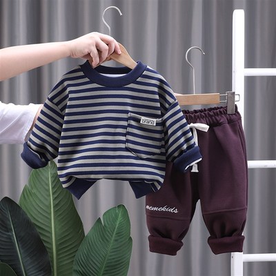 男童加绒卫衣套装条纹一体薄绒儿童装冬季两件套宝宝秋冬男孩衣服