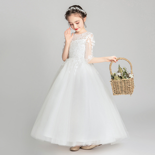 女童晚礼服公主裙白色纱裙小女孩花童婚纱蓬蓬儿童钢琴演出服洋气