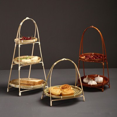 摆件竹藤编多层架小提篮茶点提手点心架水果篮糕点托盘火锅盛菜盘