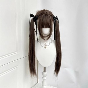 纤韵佳人假发冷棕色网红少萝lolita齐刘海双马尾85cm直发日常自然