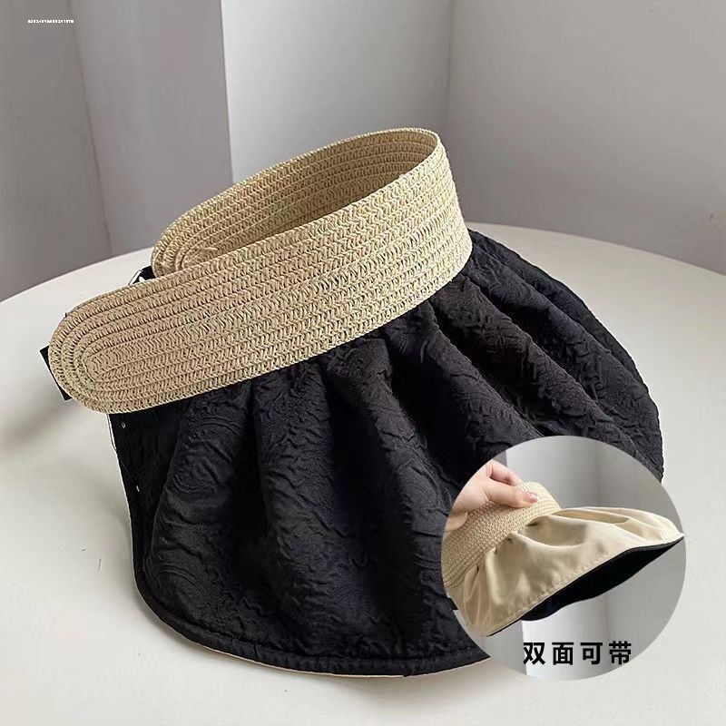 双面戴遮阳帽女防晒防紫外线夏季大帽檐遮脸草编发箍式空顶太阳帽