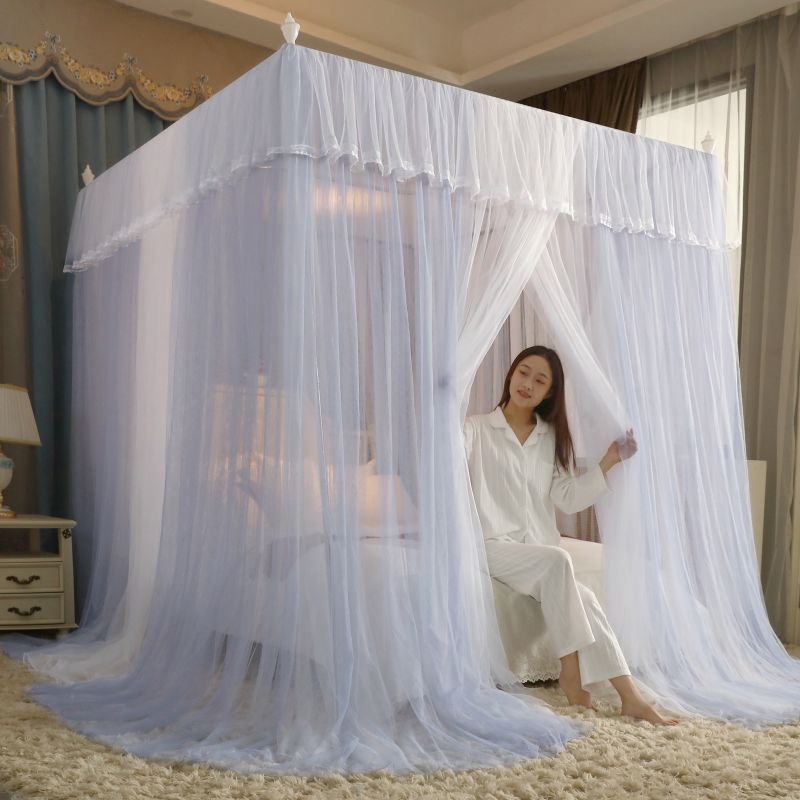 新款双层纱落地宫廷蚊帐三门家用卧室加密2m床幔加厚不锈钢支架