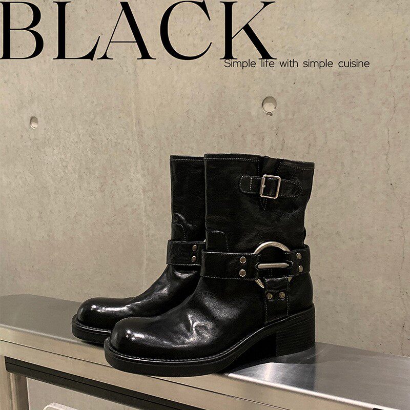 铆钉百搭机车靴女时髦粗跟皮带扣金属扣英伦风厚底骑士葡萄妈同款
